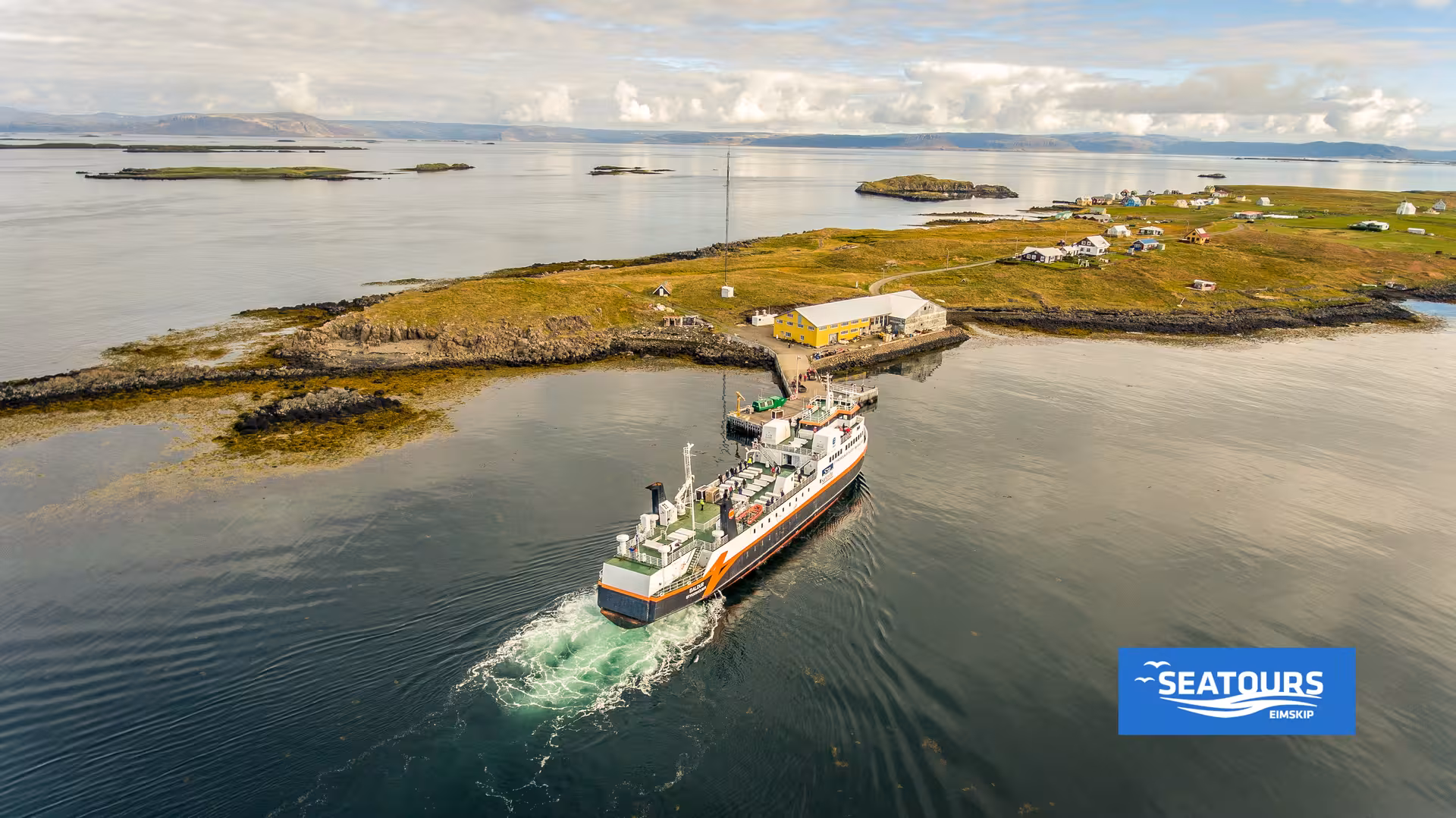 Seatours ferry departing Brjánslækur pier in Breiðafjörður Bay on the Stykkishólmur–Brjánslækur crossing