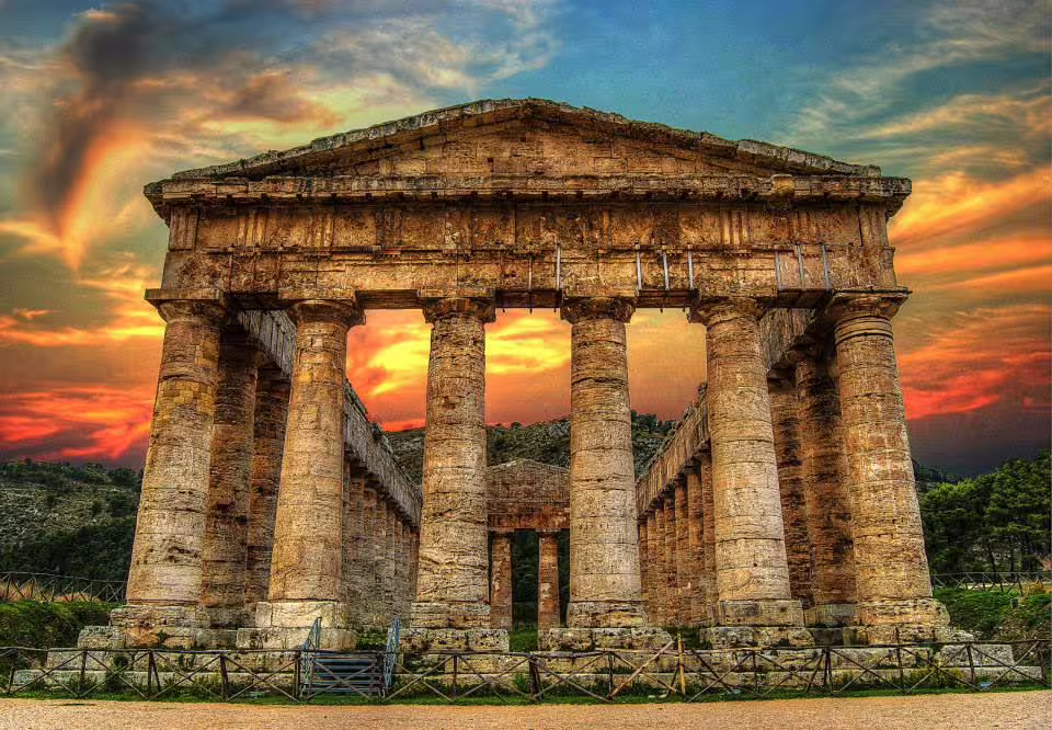 Ancient Doric temple of Segesta at sunset on a private day trip from Palermo, Sicily, Italy