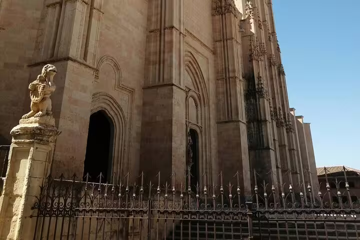 Close-up of Segovia Cathedral Gothic entrance and stone facade, highlight of Avila and Segovia private minivan tour