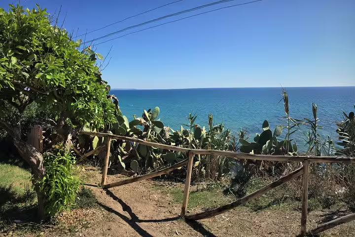 Scenic coastal path near Selinunte with cactus plants, rustic wooden fence and panoramic views of the turquoise Sicilian Sea