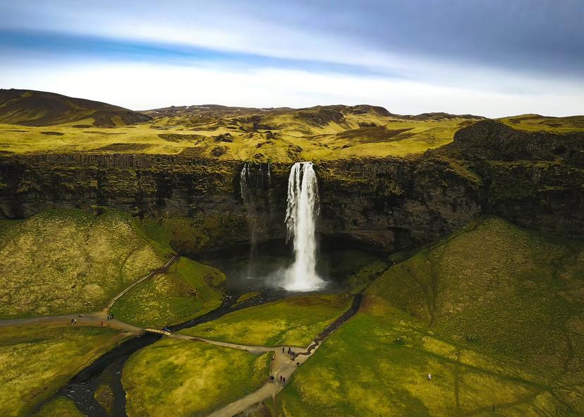 Aerial view of Seljalandsfoss waterfall on Iceland South Coast private day trip from Reykjavik