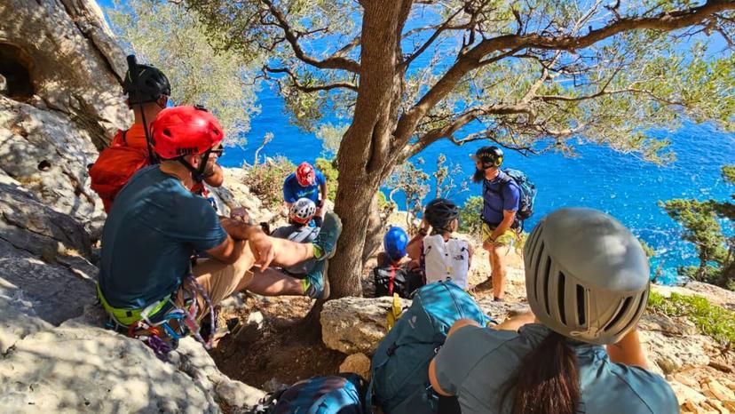Group of trekkers resting under a tree with stunning views on the Selvaggio Blu trail, showcasing adventure and nature.