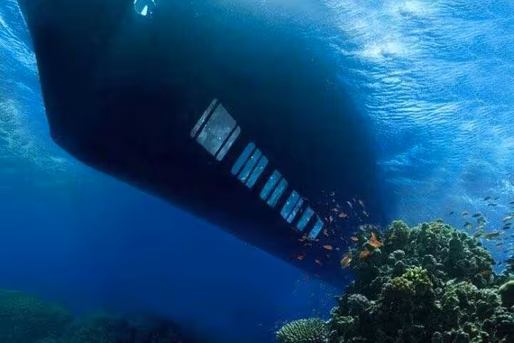 Semi submarine underwater windows above coral reef with tropical fish, Red Sea sightseeing tour in Sharm El-Sheikh