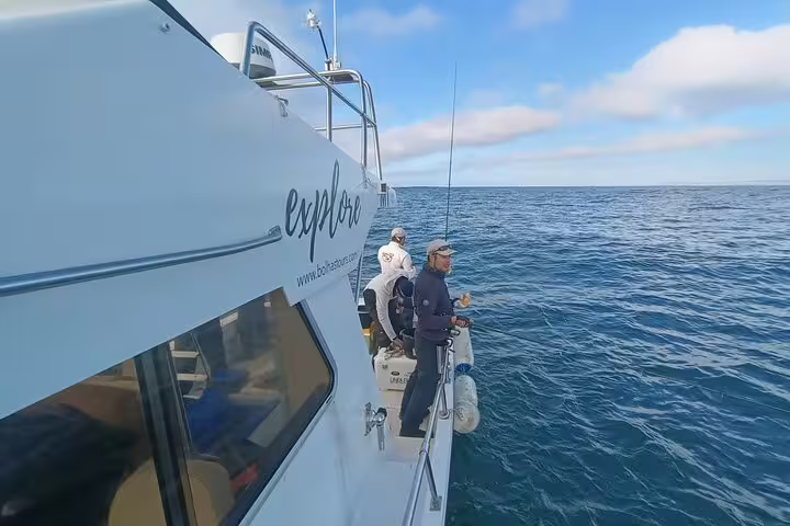 Anglers enjoy a sunny day on a sport fishing tour in Sesimbra, casting lines from a boat in the vibrant Atlantic Ocean.