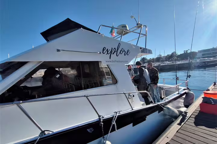 A group prepares for an all-inclusive sport fishing tour on a sleek boat docked in Sesimbra's scenic harbor under clear skies.