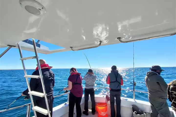Tourists engage in exciting sport fishing on a sunny boat trip in Sesimbra, enjoying all-inclusive ocean adventure.