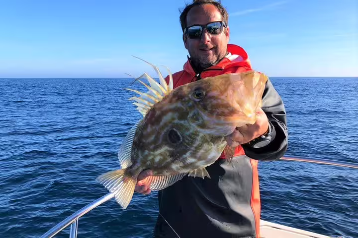 Man on a boat holding a John Dory fish during an all-inclusive sport fishing tour in Sesimbra, Portugal, under clear blue skies.