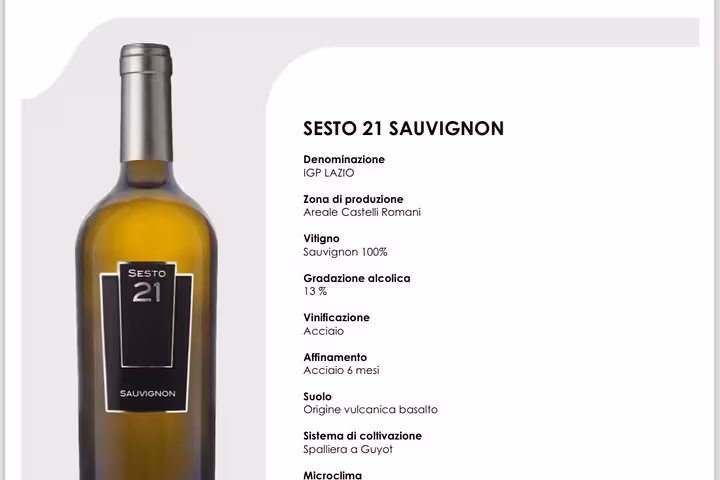 Sesto 21 Sauvignon wine bottle with informative label, showcasing Rome's wine education for a mini sommelier course.