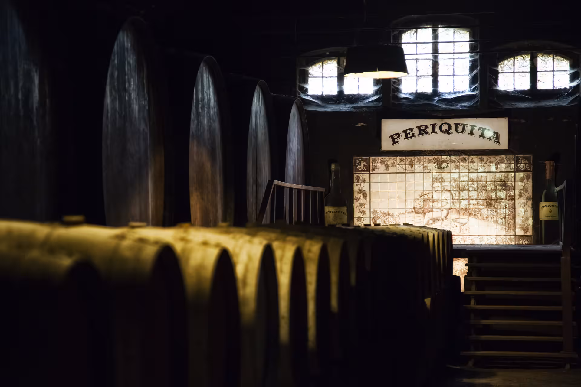 Interior of a traditional Portuguese winery in Setúbal with rows of oak barrels and a vintage tile mural.