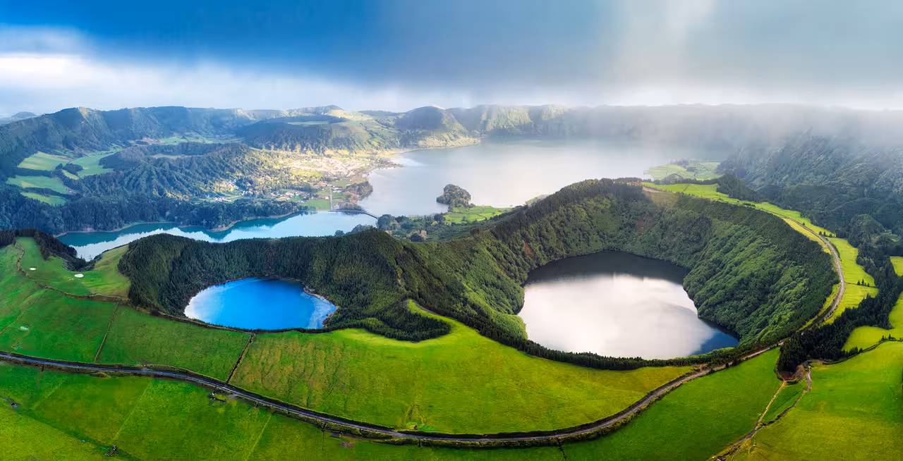 Panoramic Sete Cidades twin lakes viewpoint on São Miguel, Azores, seen on full-day van tour
