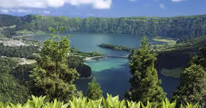 Scenic view of Sete Cidades volcanic lakes from a lookout on a half-day Seven Cities van tour, São Miguel Azores