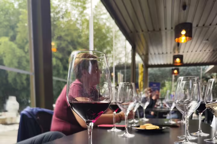 Elegant wine tasting experience with Setúbal Moscatel in a cozy setting, showcasing half-full glasses on a table.