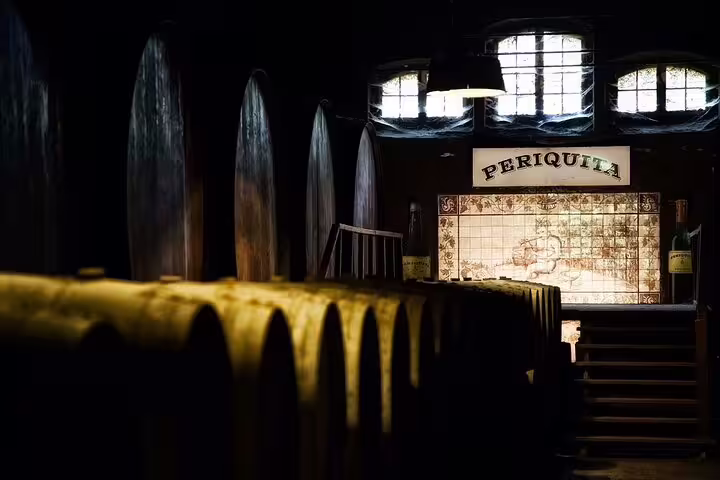 Dimly lit wine cellar with Periquita tiles and aging barrels, highlighting the heritage of Setúbal Moscatel tours.