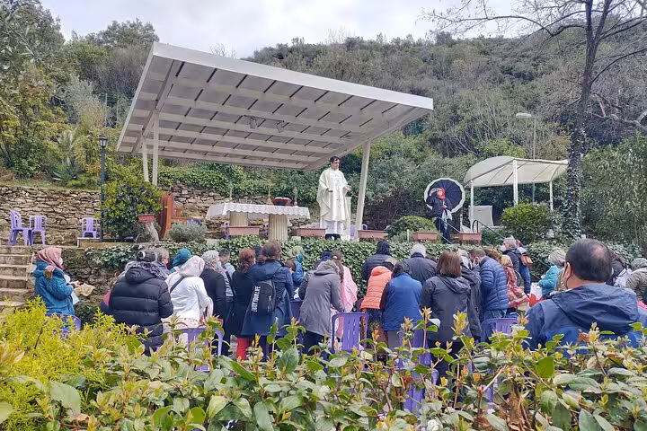 Outdoor worship gathering at House of Virgin Mary near Ephesus on private Seven Churches of Revelation tour