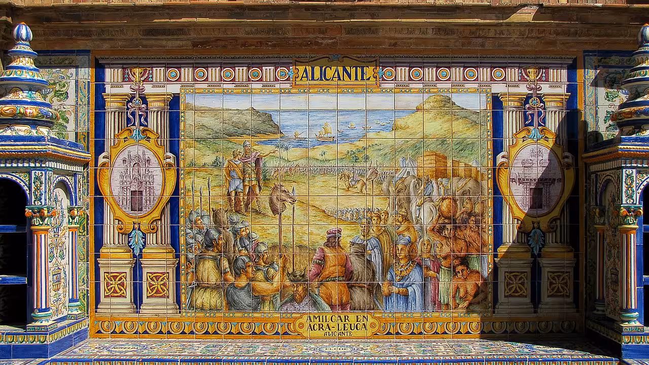Intricate ceramic tile artwork depicting historical scenes at Plaza de España in Seville, Spain.