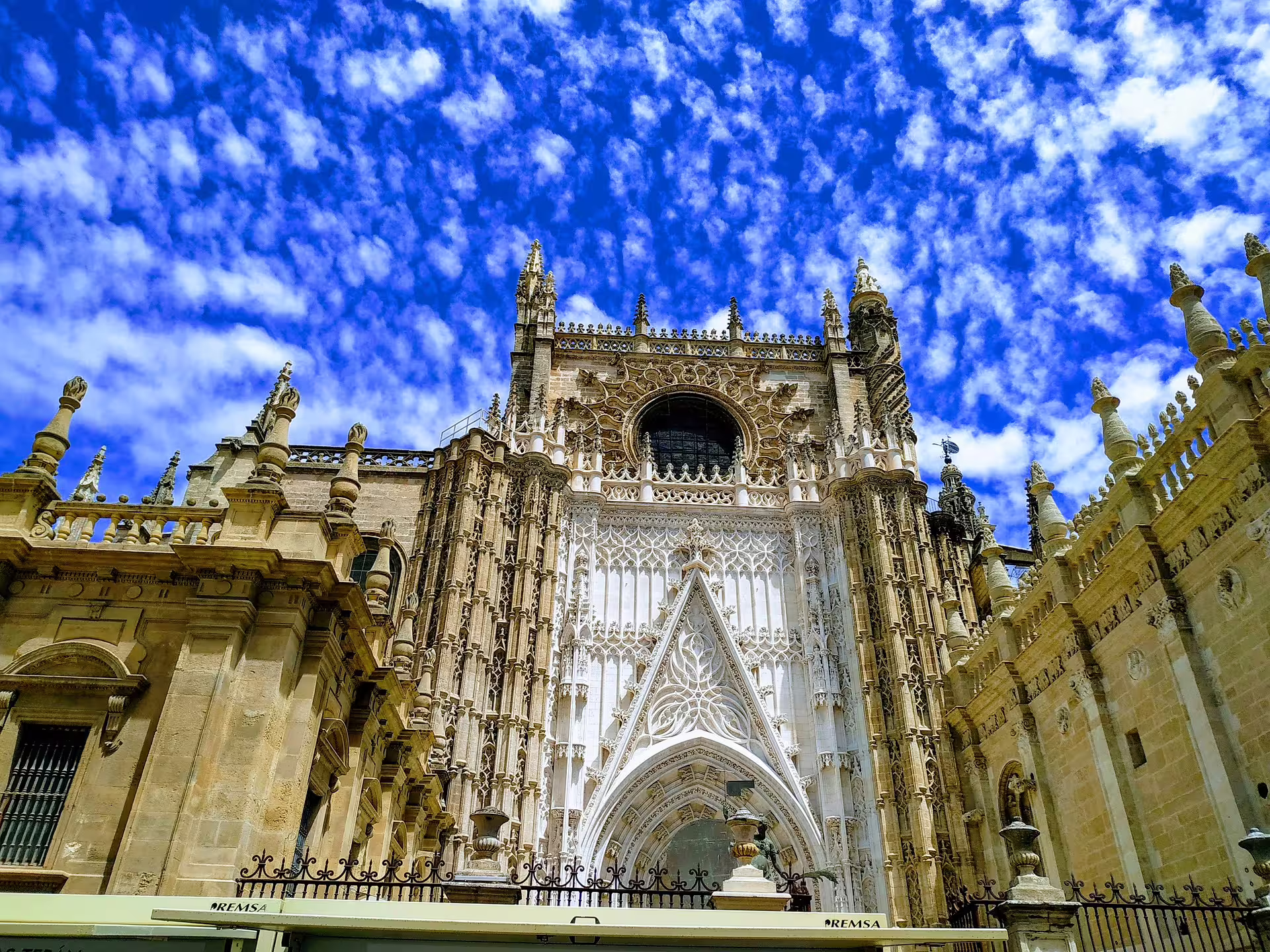 Seville group walking tour photo of Seville Cathedral facade, Gothic details and Giralda area under blue sky