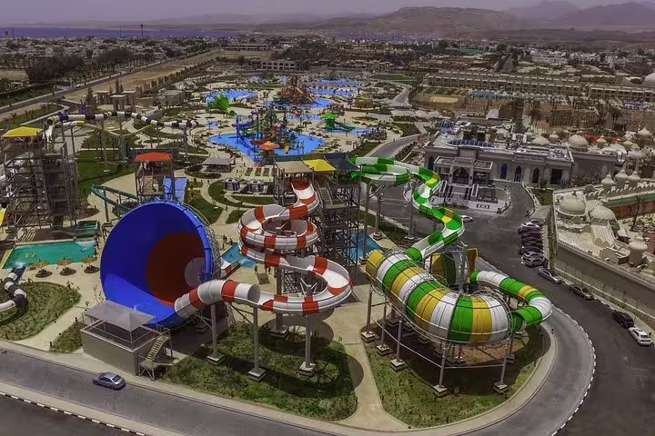 Aerial view of Sharm El Sheikh aqua park with giant tube slides and pools for full-day waterpark ticket