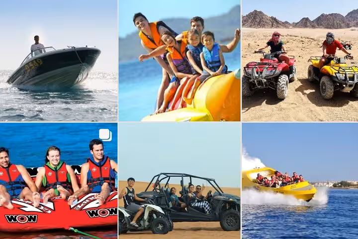 Collage of Sharm El Sheikh adventures: speedboat, banana boat, quad biking, sofa ride and desert buggy safari