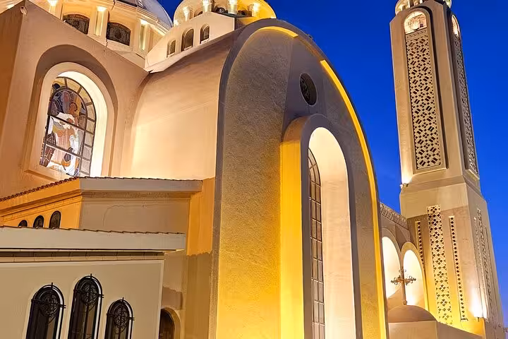 Night view of Heavenly Cathedral domes and bell tower on a Sharm El Sheikh guided city sightseeing tour