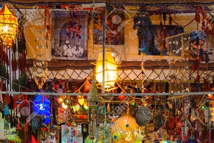 Traditional Sharm El Sheikh market interior with hanging lanterns and crafts, city tour and shopping experience