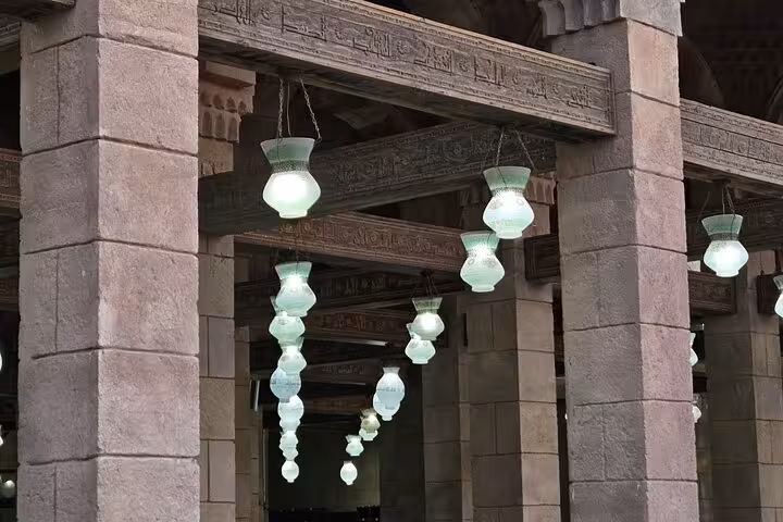 Stone columns and hanging lamps in Old Market mosque, Sharm El Sheikh guided city tour stop