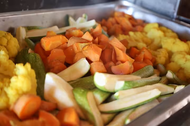 Fresh buffet lunch with mixed vegetables on the Sharm El Sheikh to Petra ferry day tour in Jordan