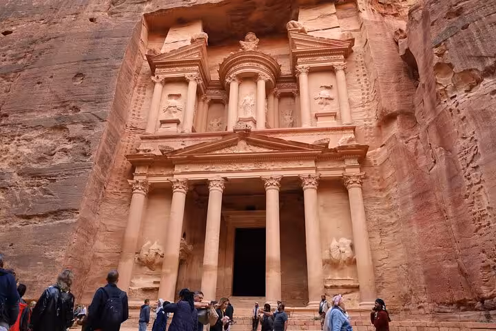 Tourists at Petra Treasury Al-Khazneh on a Sharm El Sheikh to Lost City Petra day tour by ferry