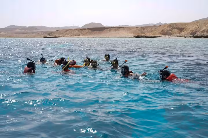 Snorkelers floating in the Red Sea at Ras Mohamed National Park on a Sharm El Sheikh day sail trip