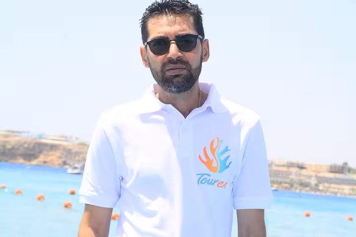 Close-up of tour guide at Sharm El Sheikh Red Sea, ready for 2-hour speedboat excursion and pickup