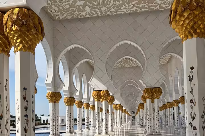 Sheikh Zayed Grand Mosque colonnade in Abu Dhabi, key stop on guided Abu Dhabi city tour