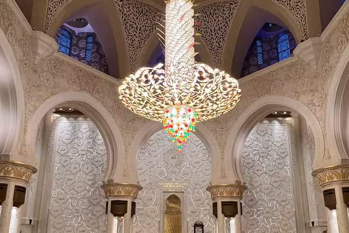 Sheikh Zayed Grand Mosque interior chandelier on private Abu Dhabi tour, multilingual guided visit