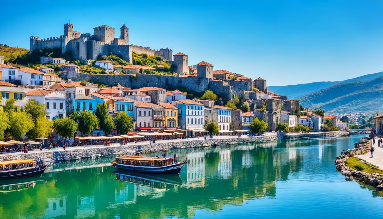 Picturesque view of Shkoder's colorful riverside homes and Rozafa Castle under a clear blue sky.
