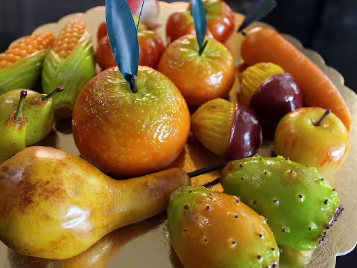 Colorful Sicilian marzipan fruit pastries on display in Erice, a sweet tasting stop on a private Palermo tour