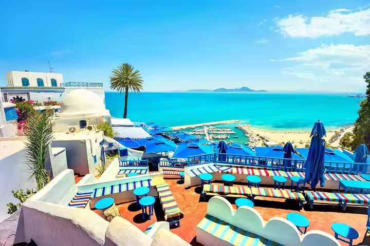 Stunning view of Sidi Bou Said with vibrant blue and white architecture overlooking the Mediterranean Sea in Tunisia.
