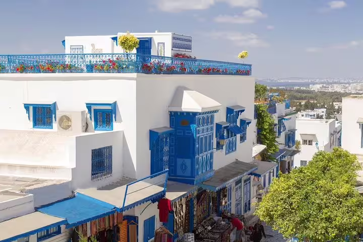 Charming streets of Sidi Bou Said showcasing traditional Tunisian architecture with blue accents and vibrant flowers.