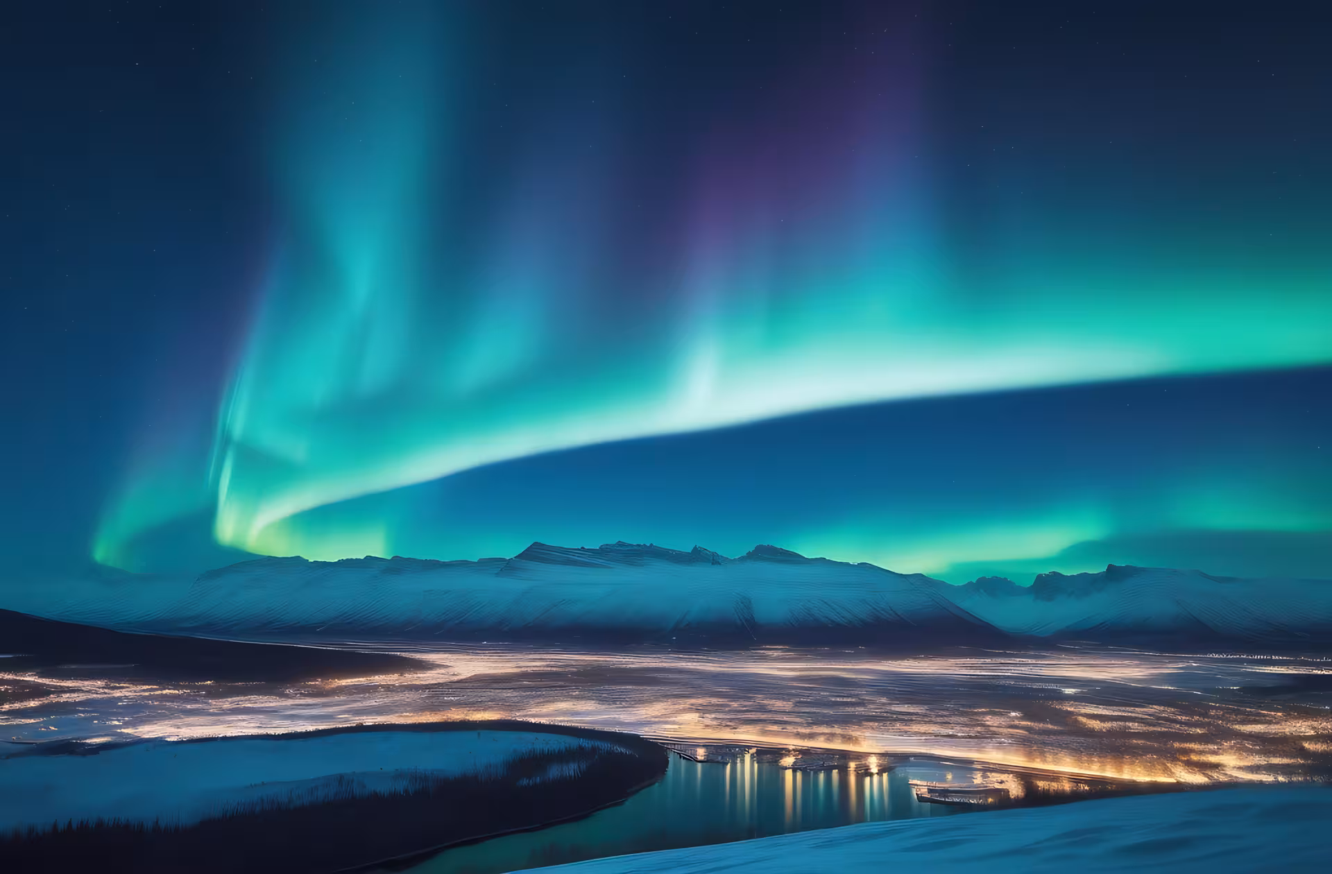 Breathtaking Northern Lights over snow-capped mountains and illuminated landscape on the Silver Circle Private Tour.