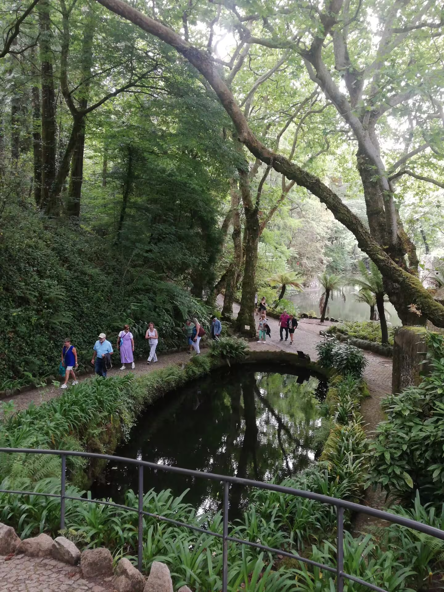 Visitors exploring lush gardens and tranquil paths in Sintra during a private van tour experience.