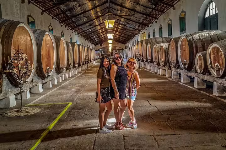 Tourists enjoying a visit to a traditional winery with large oak barrels on a Sintra half-day sightseeing tour from Lisbon.
