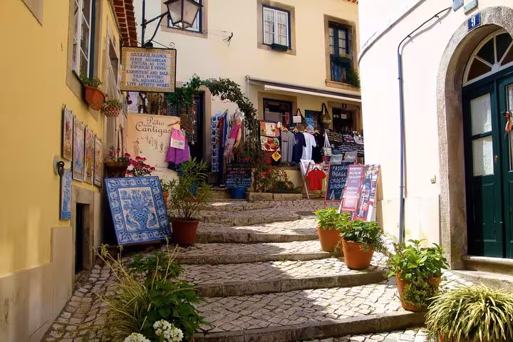 Charming cobblestone street in Sintra lined with colorful shops and vibrant plant displays.