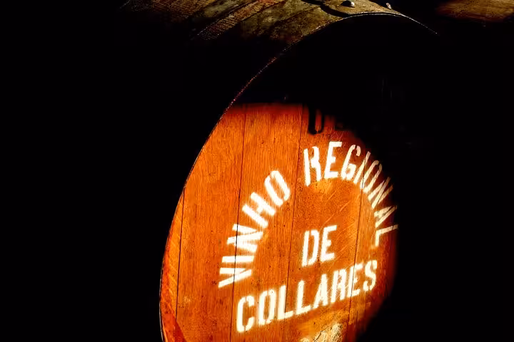 Close-up of Vinho Regional de Colares wine barrel, highlighting Sintra's unique wine heritage.