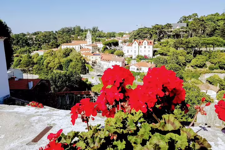 View of Sintra's picturesque landscape with vibrant red flowers in the foreground, showcasing historic architecture and lush greenery.
