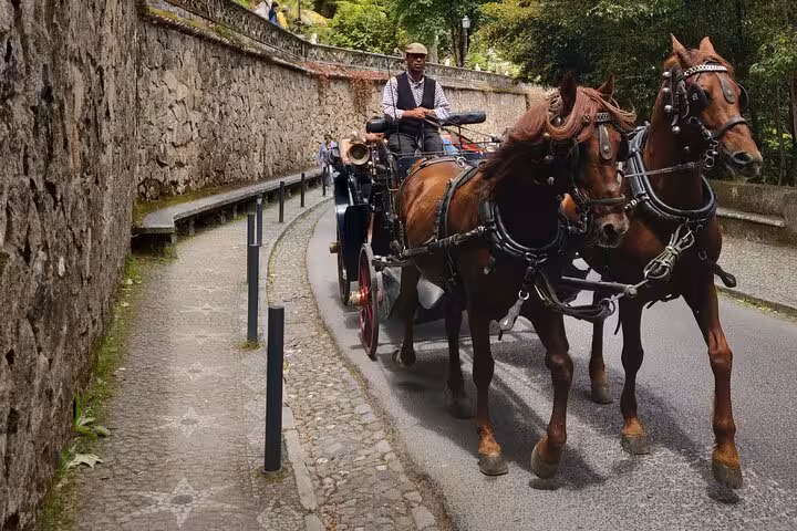 Horse-drawn carriage on cobblestone path in Sintra, offering a traditional experience near Regaleira.