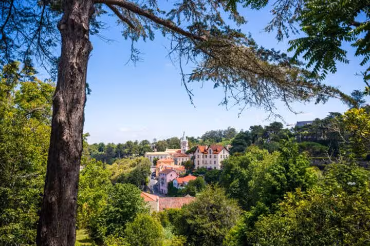 Scenic view of Sintra's lush landscape with charming architecture peeking through the trees.