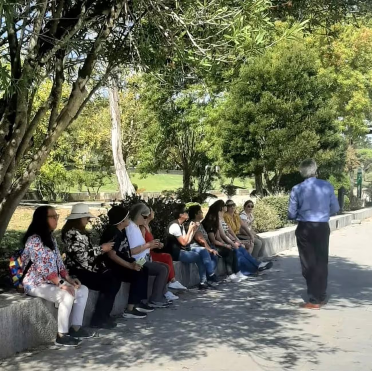 A tour guide explains Sintra's history to a seated group under trees, part of the Lisbon guided tour experience.