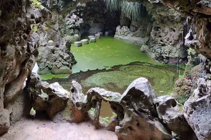 Enchanting grotto with green algae-covered pond and stepping stones at Regaleira, a highlight of the Sintra tour.