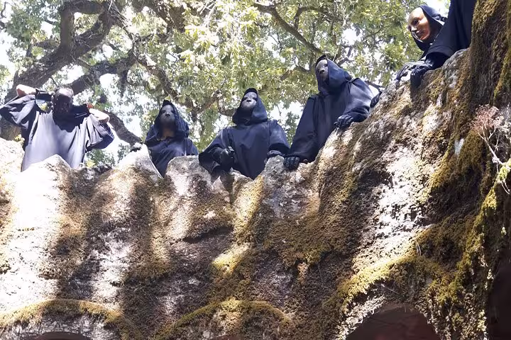 Mysterious figures in black cloaks and masks at the moss-covered stone walls of Regaleira in Sintra.
