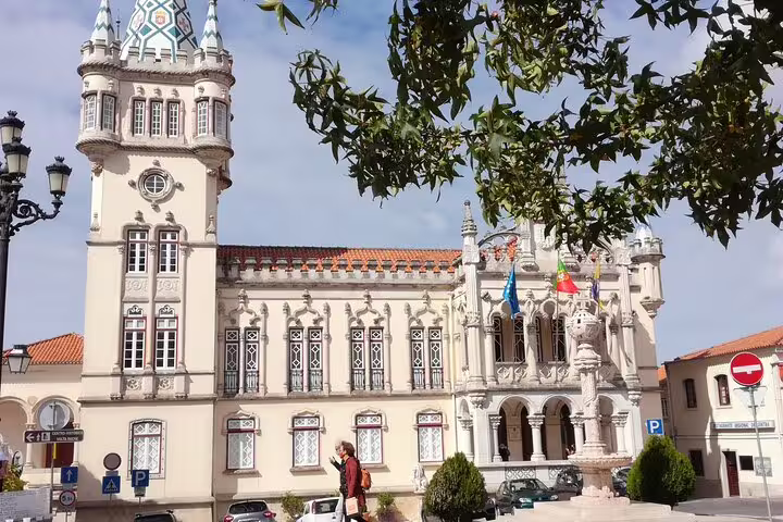 Intricate facade of the Sintra Town Hall with decorative towers, viewed on a private tour from Lisbon or Cascais.