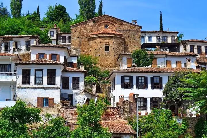 Sirince Village hillside houses and historic church view on private tour from Kusadasi/Ephesus Port