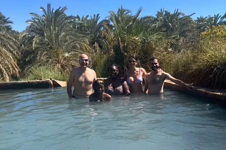 Group relaxing in Siwa Oasis natural spring pool during private 2-day Black and White Desert camping experience