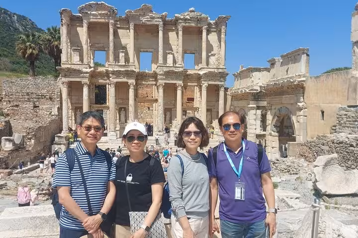Small group at Library of Celsus, Ephesus, on skip-the-line discovery cruise shore excursion tour